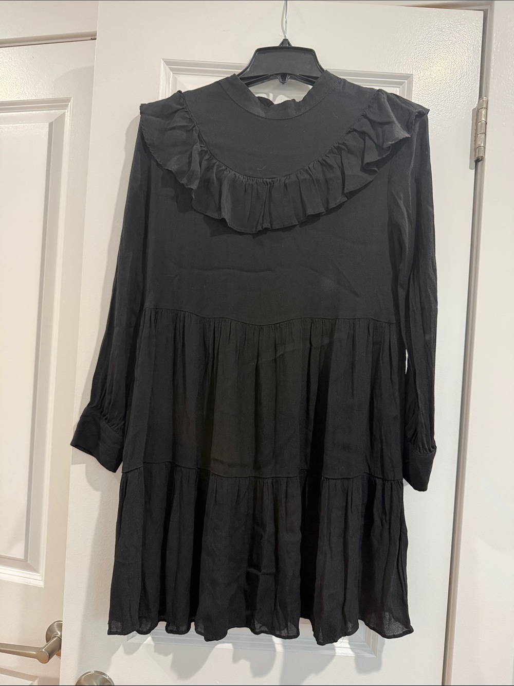 Zara Black Ruffle Yoke Tiered Long Sleeve Dress